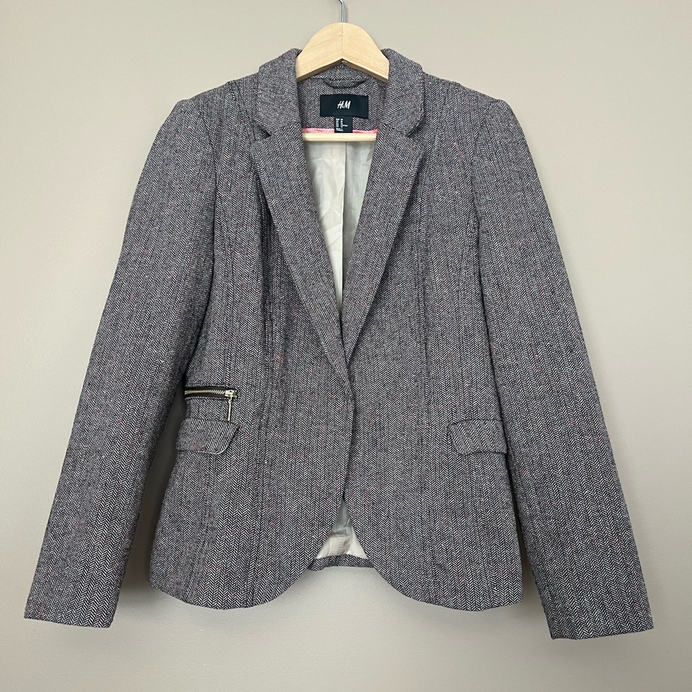 {H&M} Wool Blend Herringbone Pattern Blazer in Brown - Womens 10